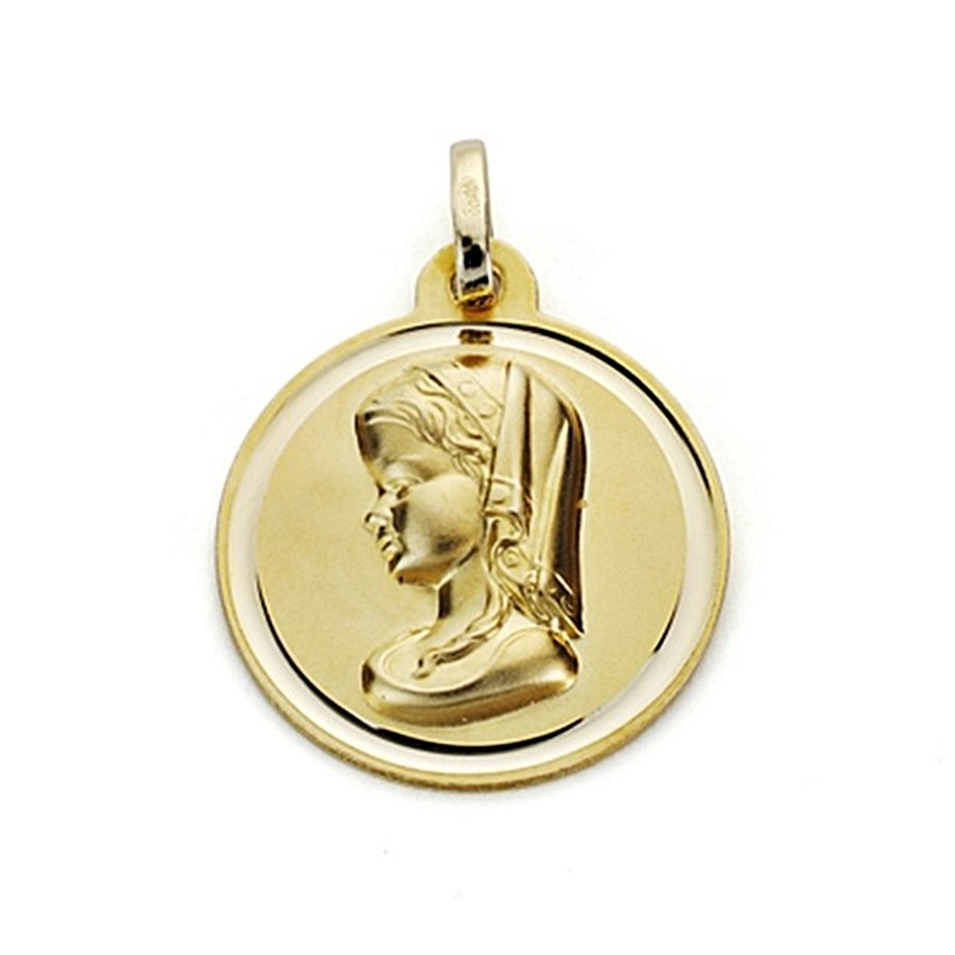 Medalla oro 18k Virgen Niña 18mm. bisel lisa - Personalizable - GRABACIÓN INCLUIDA EN EL PRECIO