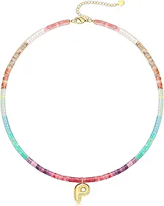 Beaded Initial Necklaces for Women Teen Girl Gifts Trendy Stuff Colorful Gemstone Choker Necklace with Bubble A-Z Stocking Stuffers for Teens Christmas Gifts for Her Birthday Summer Beach Jewelry for Daughter Sister Friend