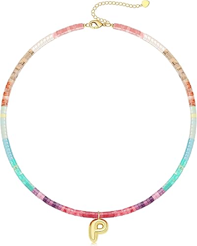 Beaded Initial Necklaces for Women Teen Girl Gifts Trendy Stuff Colorful Gemstone Choker Necklace with Bubble A-Z Stocking Stuffers for Teens Christmas Gifts for Her Birthday Summer Beach Jewelry for Daughter Sister Friend