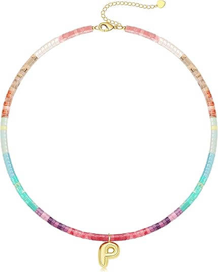 Beaded Initial Necklaces for Women Teen Girl Gifts Trendy Stuff Colorful Gemstone Choker Necklace with Bubble A-Z Stocking Stuffers for Teens Christmas Gifts for Her Birthday Summer Beach Jewelry for Daughter Sister Friend