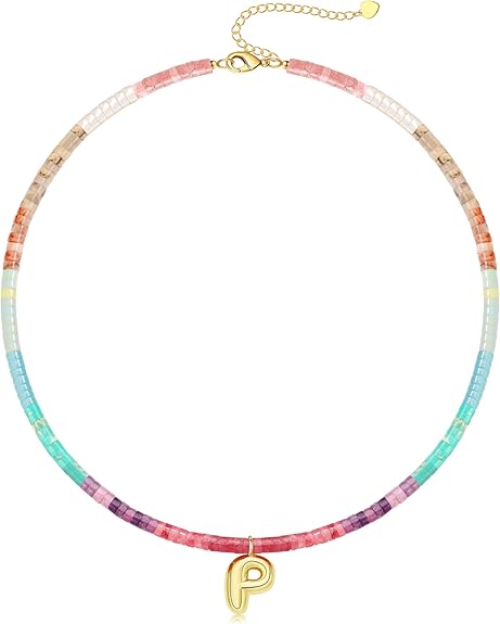 Beaded Initial Necklaces for Women Teen Girl Gifts Trendy Stuff Colorful Gemstone Choker Necklace with Bubble A-Z Stocking Stuffers for Teens Christmas Gifts for Her Birthday Summer Beach Jewelry for Daughter Sister Friend