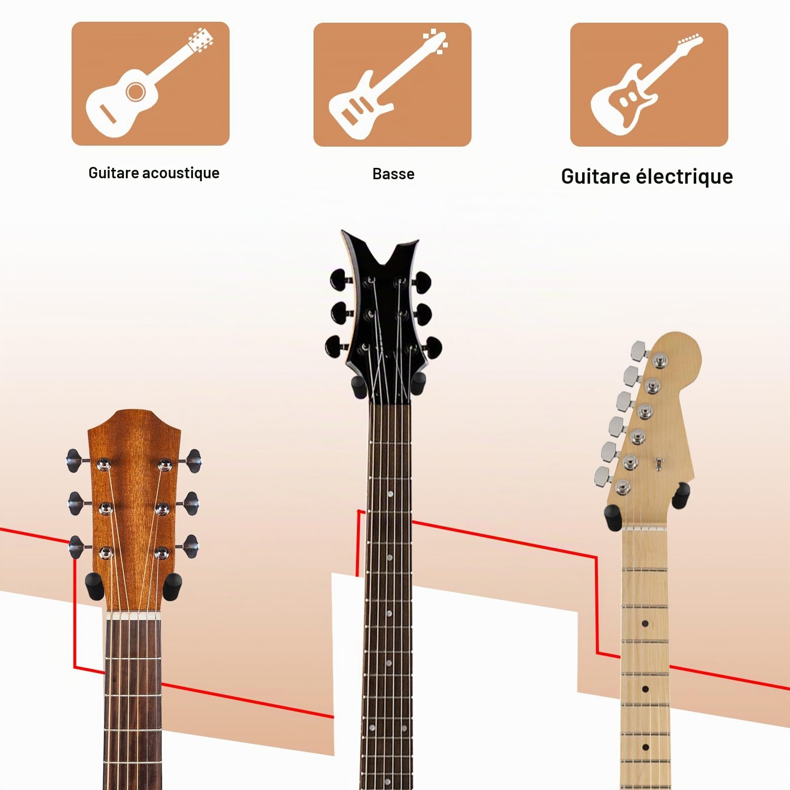Support Guitare Mural 4 packs, Support Mural Guitare avec Crochet de Guitare Souple Réglable pour Toutes les Tailles de Guitare, Support Mural en Forme de U en bois dur pour Guitare Acoustique, Basse