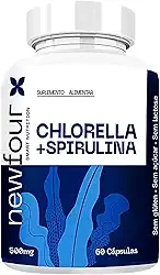 Chlorella + Spirulina NewFour 500mg – Suplemento de Algas Verdes para Energia, Imunidade e Bem-Estar – 60 Cápsulas – Proteína Vegetal, Rica em Antioxidantes – Sem Glúten, Açúcar ou Lactose