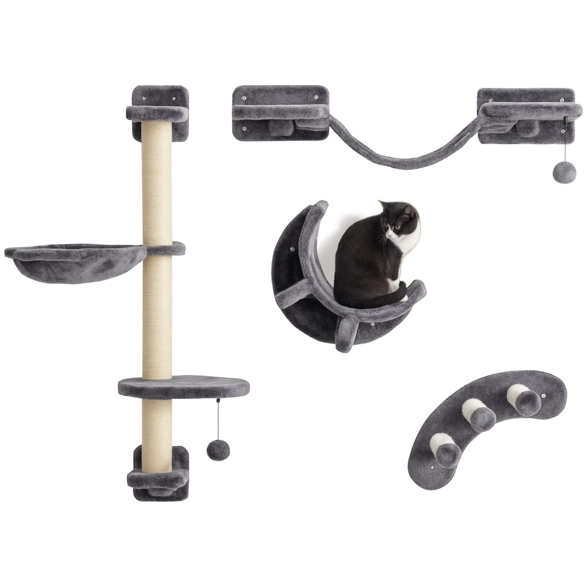 PawHut Kletterwand Katzen 4-teiliges Katzenwandmöbel bis 5 kg Dunkelgrau | Set, Hängematte, Katzenbrücke, Plattformen, Hängeball, Kratzsäule, zum Klettern, Spielen, Schlafen