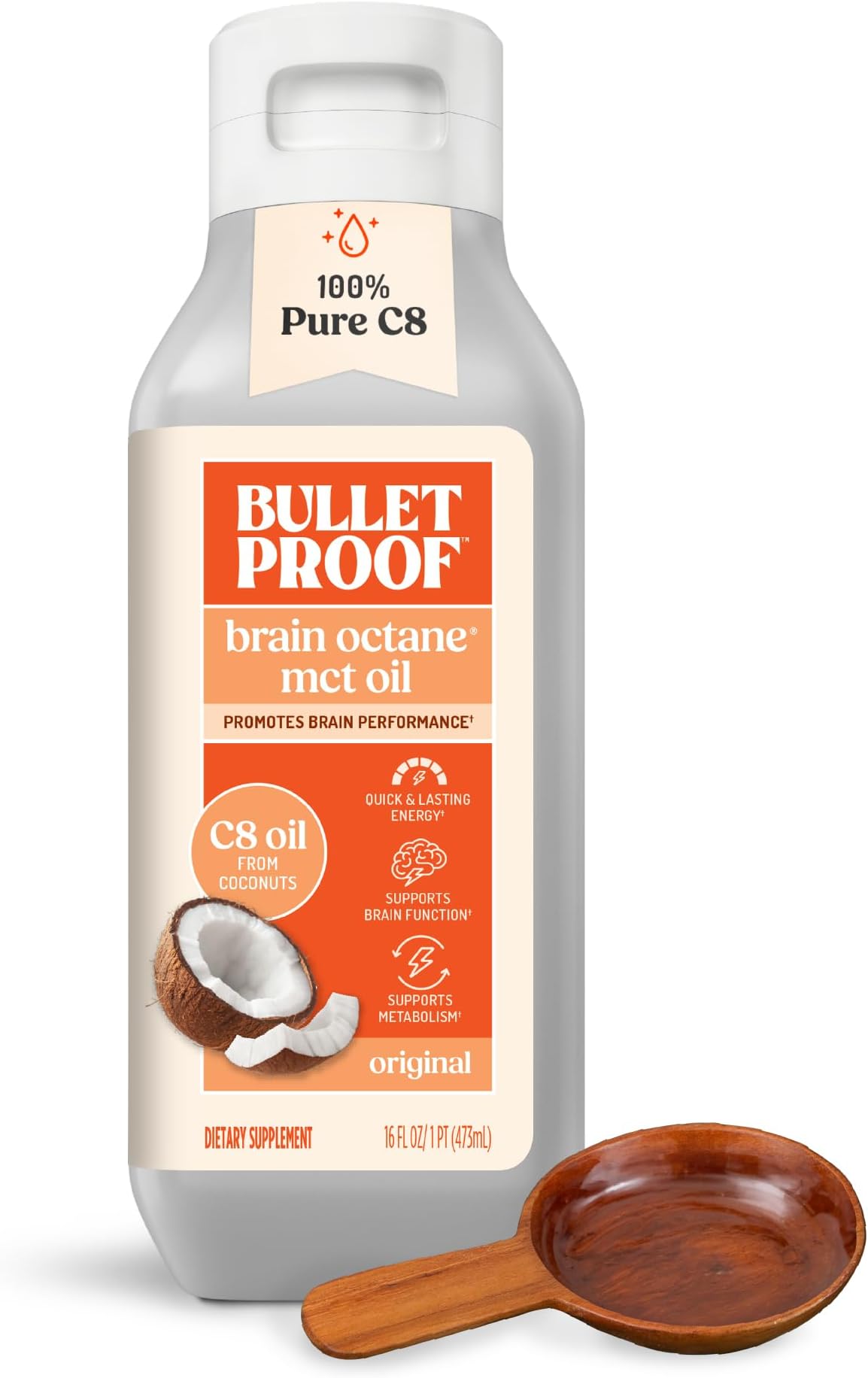 Bulletproof Brain Octane C8 MCT Oil, 16 oz – 100% Pure Coconut Oil, Triple-Distilled Keto Energy Supplement for Coffee & Smoothies, Unflavored, No Additives or Fillers, Non-GMO