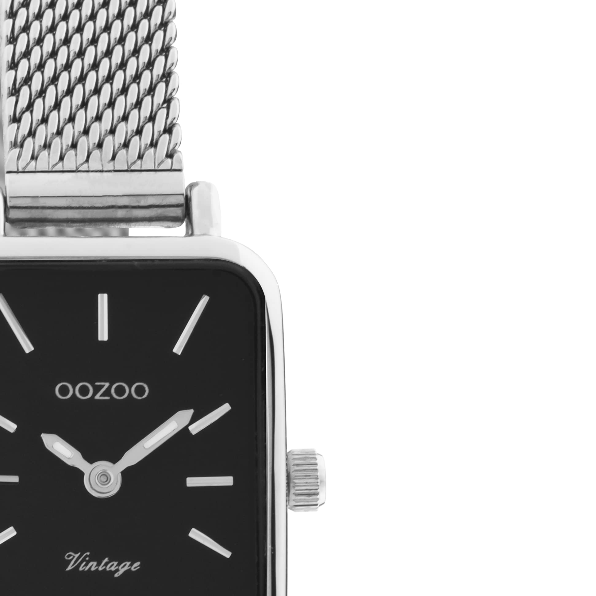 OOZOO Damski zegarek w stylu vintage - zegarek na rękę damski z metalową bransoletką z siateczki 10 mm - analogowy zegarek damski prostokątny, Black/silver, Bransoletka
