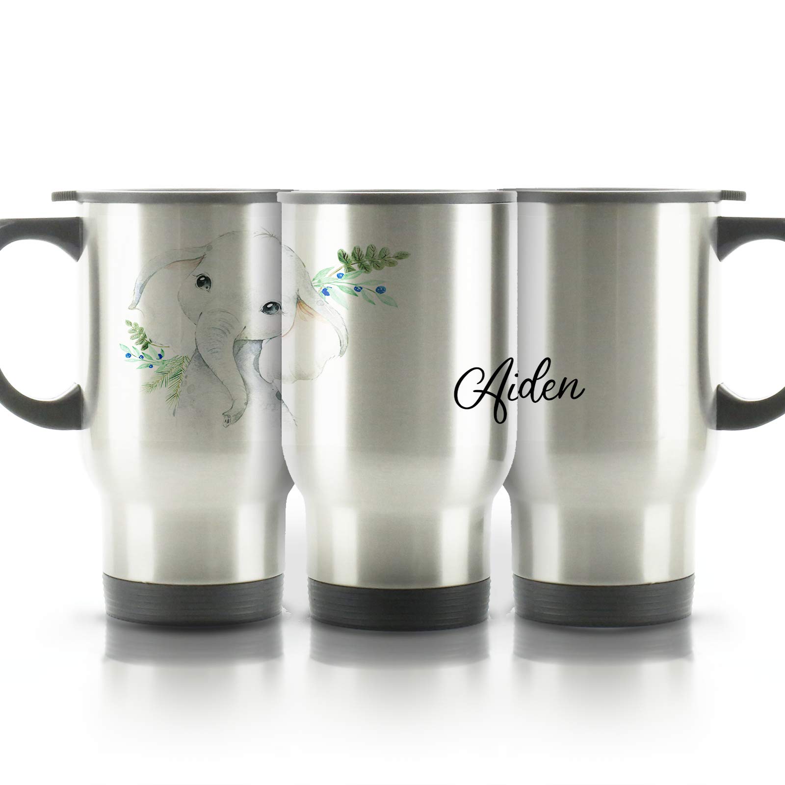 Hairyworm Personalised Travel Mug, 400ml Silver Stainless Steel Travel Mug with Handle, Customised with Initial/Name, Elephant Blue Berries Design Print