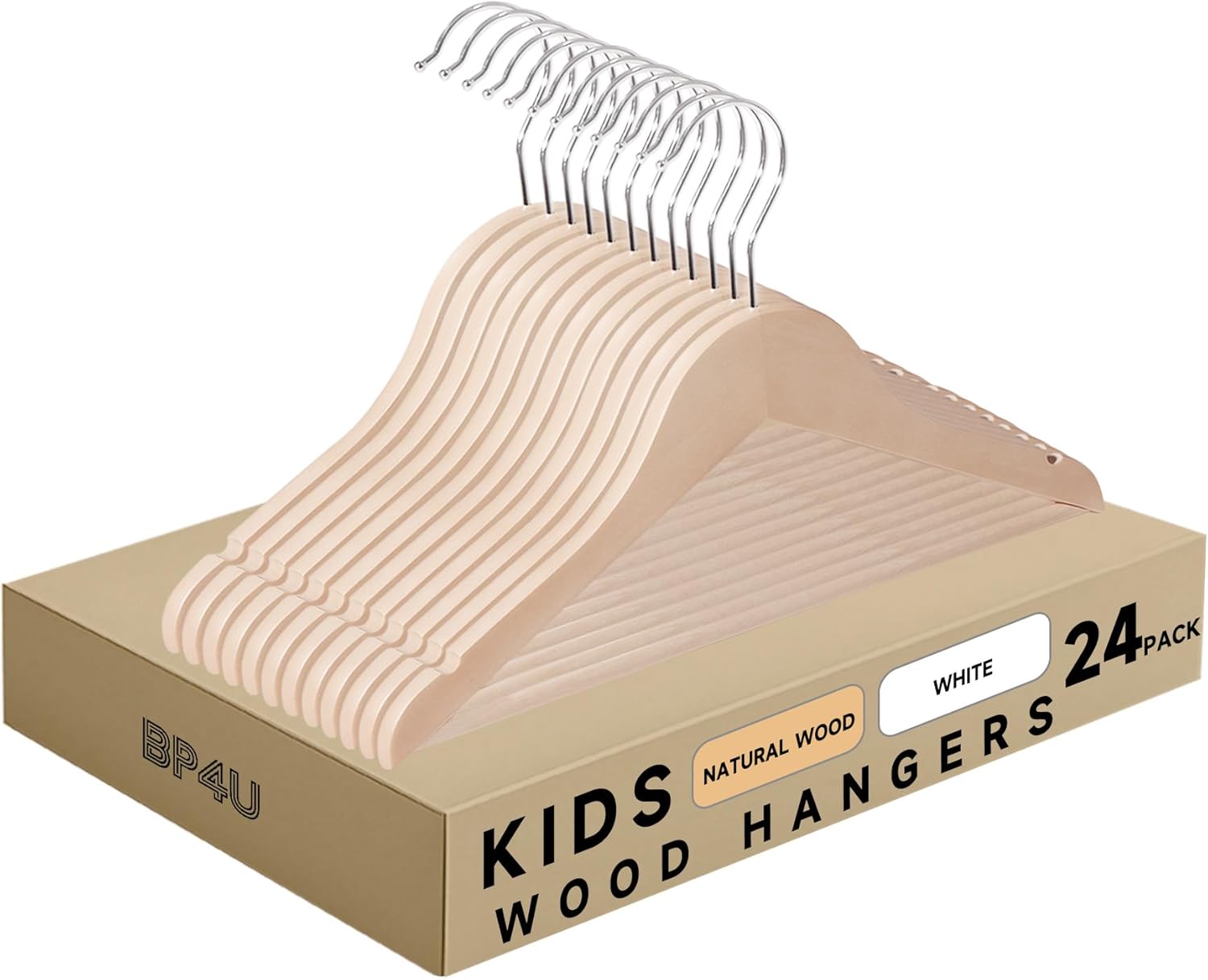 Kids Wooden Hangers with Pants Bar, 24-Pack Baby Children Wood Hangers with 360° Rotatable Hook for Dress, Coats, and Jacket, Space-Saving Design for Toddler Closet Organization (Natural)