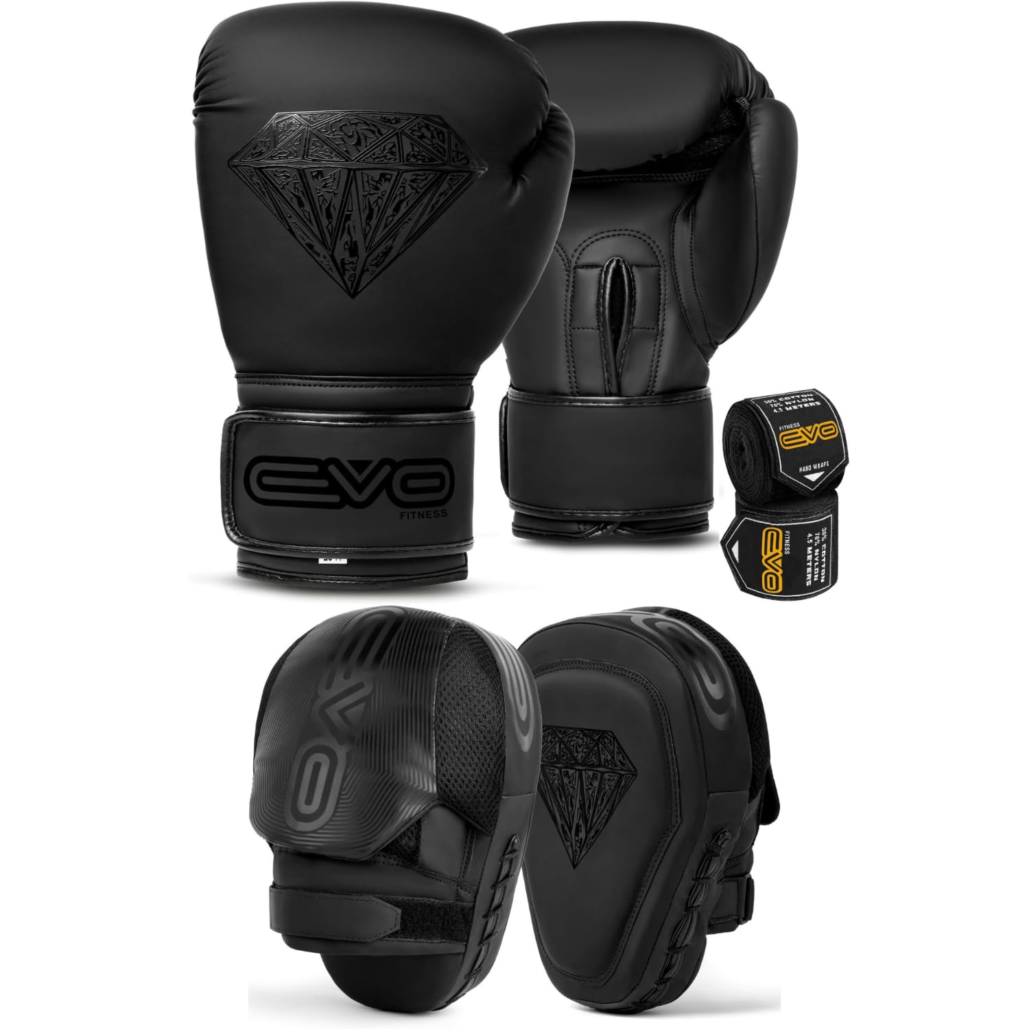 EVO Fitness Matte Boxing pads and Gloves Set Target Focus pads Mitts and Boxing Gloves Hook and Jab Training Sparring MMA Martial Arts Muay Thai Kickboxing Karate (Matte Black, Deal with 14oz Gloves)