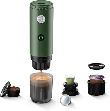 3 in 1 Portable Electric Espresso Machine for Nespresso Capsule, Travel Coffee Maker with Ground Coffee for Camping, RV, Hiking, Office,Car Coffee Maker Self-Heating with USB-C Green