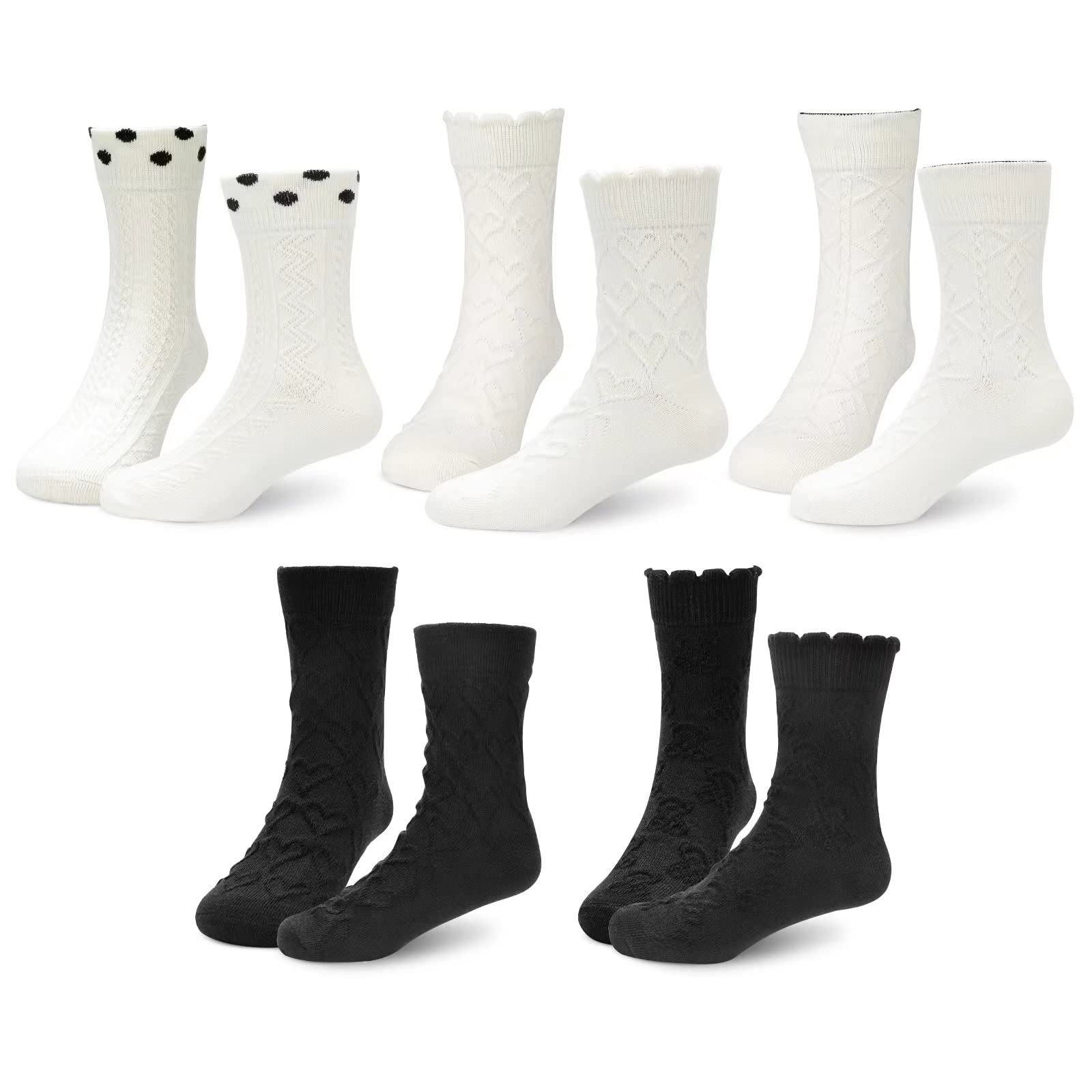 Mcool Mary Girls Socks,Kids Ruffle Socks for Girls,Ankle Dress Cute Cotton White & Black Crew Socks 5 Pack, 3white+2black, Medium