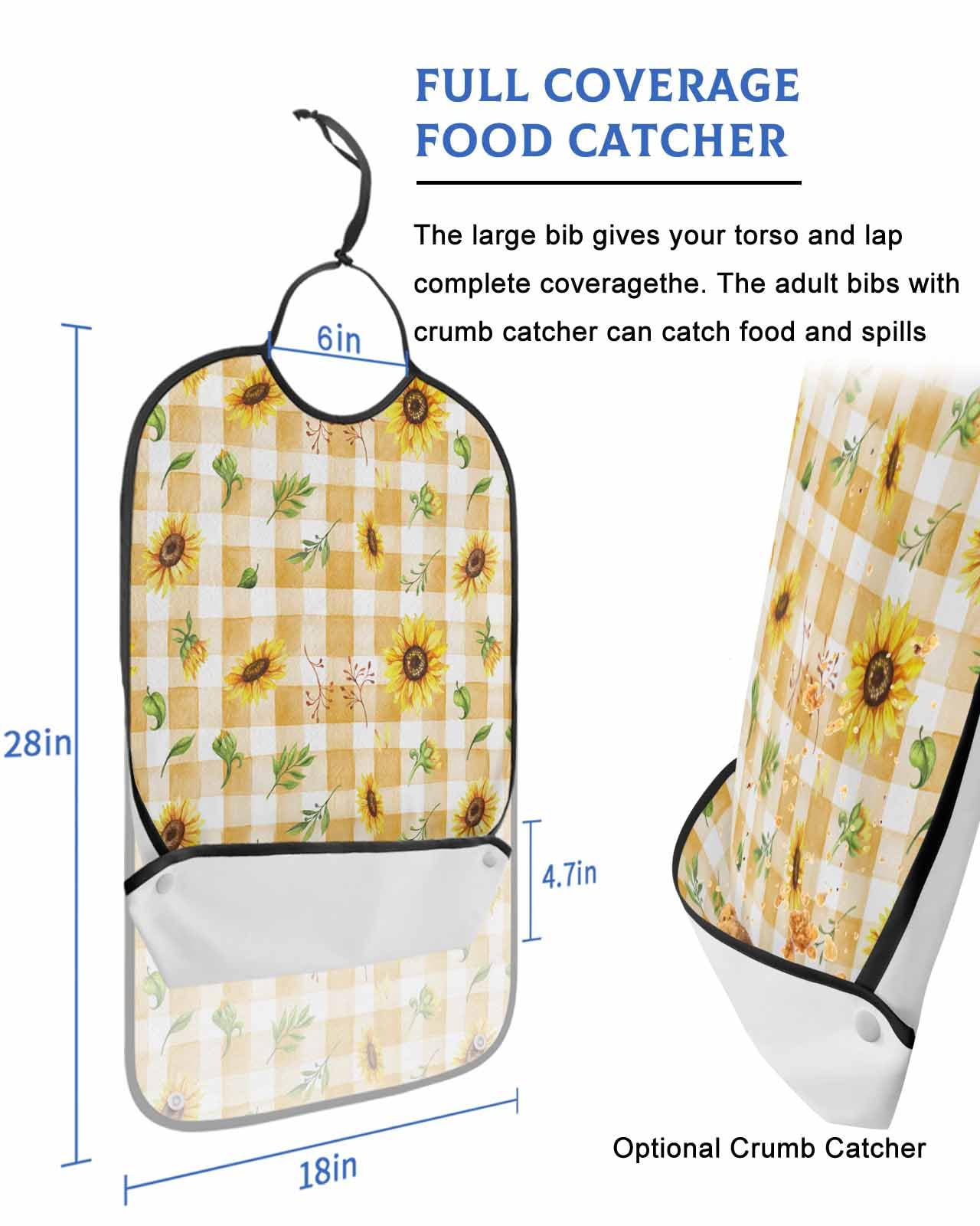 LEOKOTI Sunflower Adult Bibs for Eating, Waterproof Bibs with Food Catcher & Adjustable Snap Closure, Watercolor Summer Botanical Yellow Plaid Washable Clothing Protectors Adult Bibs for Elderly