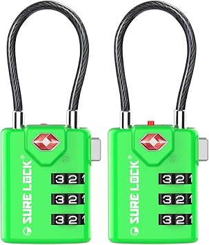 SURE LOCK TSA Approved Luggage Locks with Open Alert Indicator, 3 Digit Combination Cable Travel Lock for Suitcase, Backpack, Gym Locker, Toolbox & Travel BagGreen 2 Pack