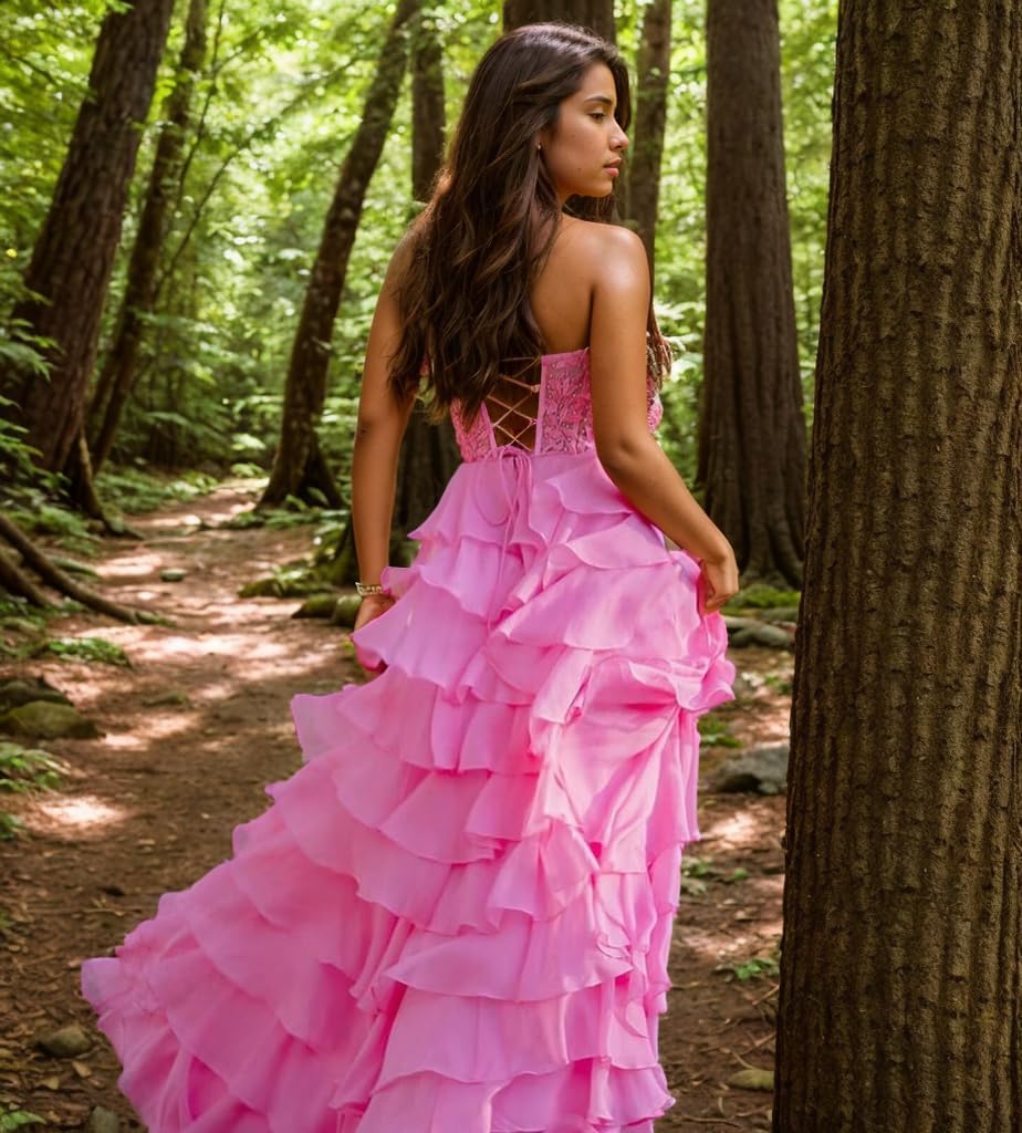 Strapless Prom Dresses for Women 2024 Tiered A Line Chiffon Formal Evening Party Gown with Slit