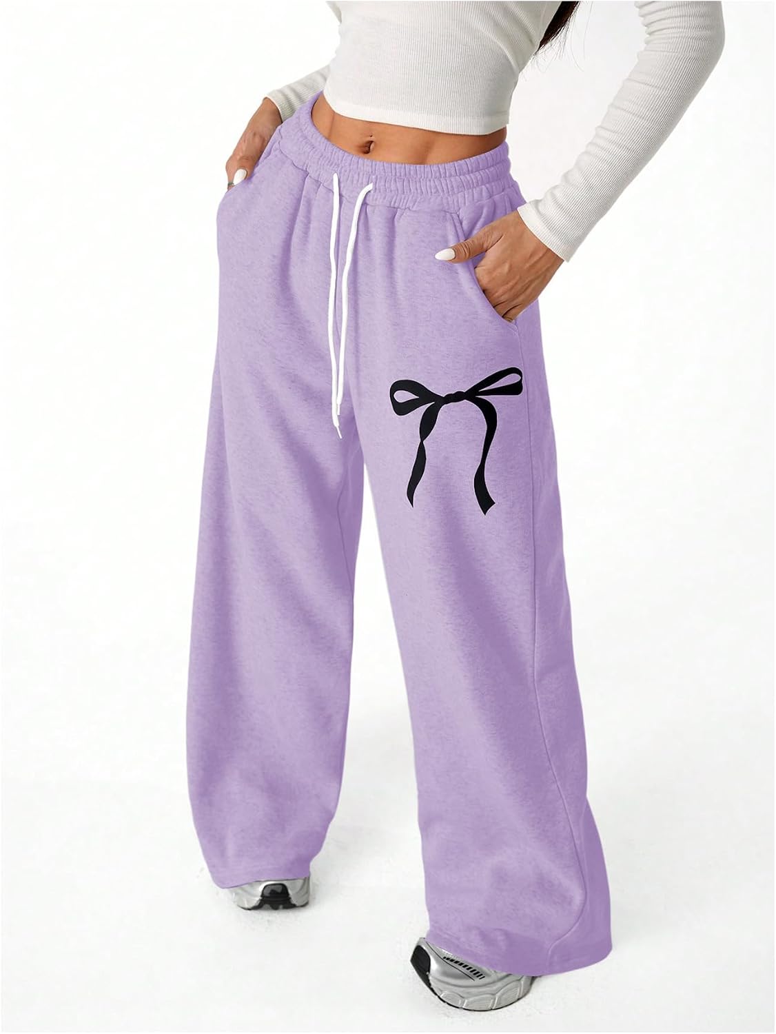 Verdusa Women's Coquette Bow Baggy Sweatpants Fitness Clothing Wide Leg Pants with Pockets