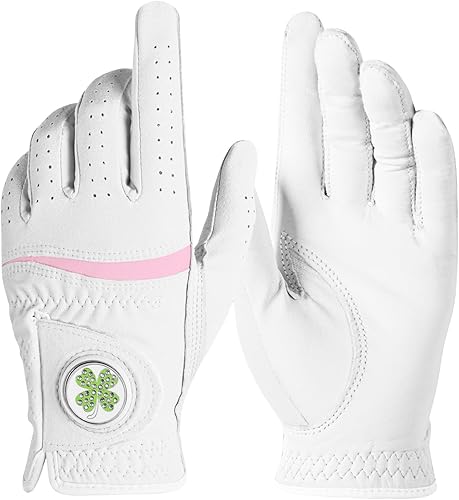 FINGER TEN Golf Gloves Women Right Handed Golfer Left Hand with Ball Marker USA Flag Ladies Breathable Soft All Weather Grip Printed Pattern Size XS