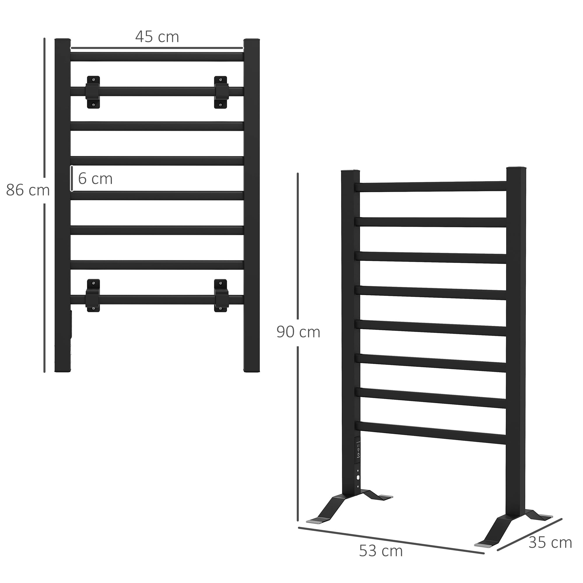 HOMCOM Sèche Serviettes électrique, radiateur Porte-Serviettes, Mural ou sur Pied, en Alliage d'aluminium avec 8 Barres, minuterie 2 ou 4 Heures, résistant à l'eau, 150W, 53 x 35 x 90 cm, Noir