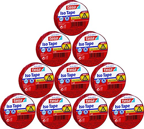 Tesa 56192 Iso Tape Isolierband für Elektrik 10 m x 15 mm, rot, 10er Vorteilspack