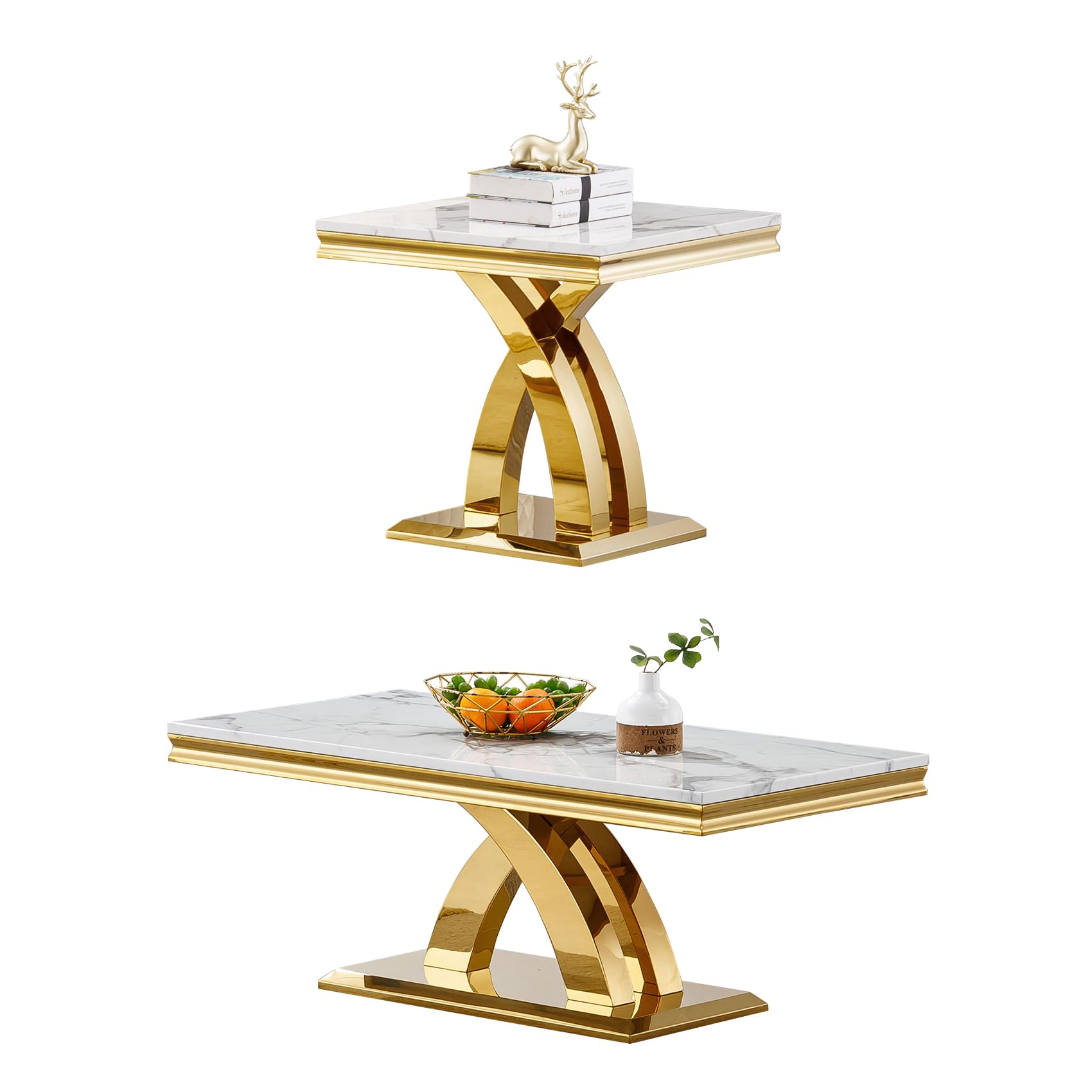 2 Pieces Coffee Table Set, White Gold Faux Marble Coffee Table with 1 Square End Side Table,Modern Living Room Table Set with X-Shape Stainless Steel