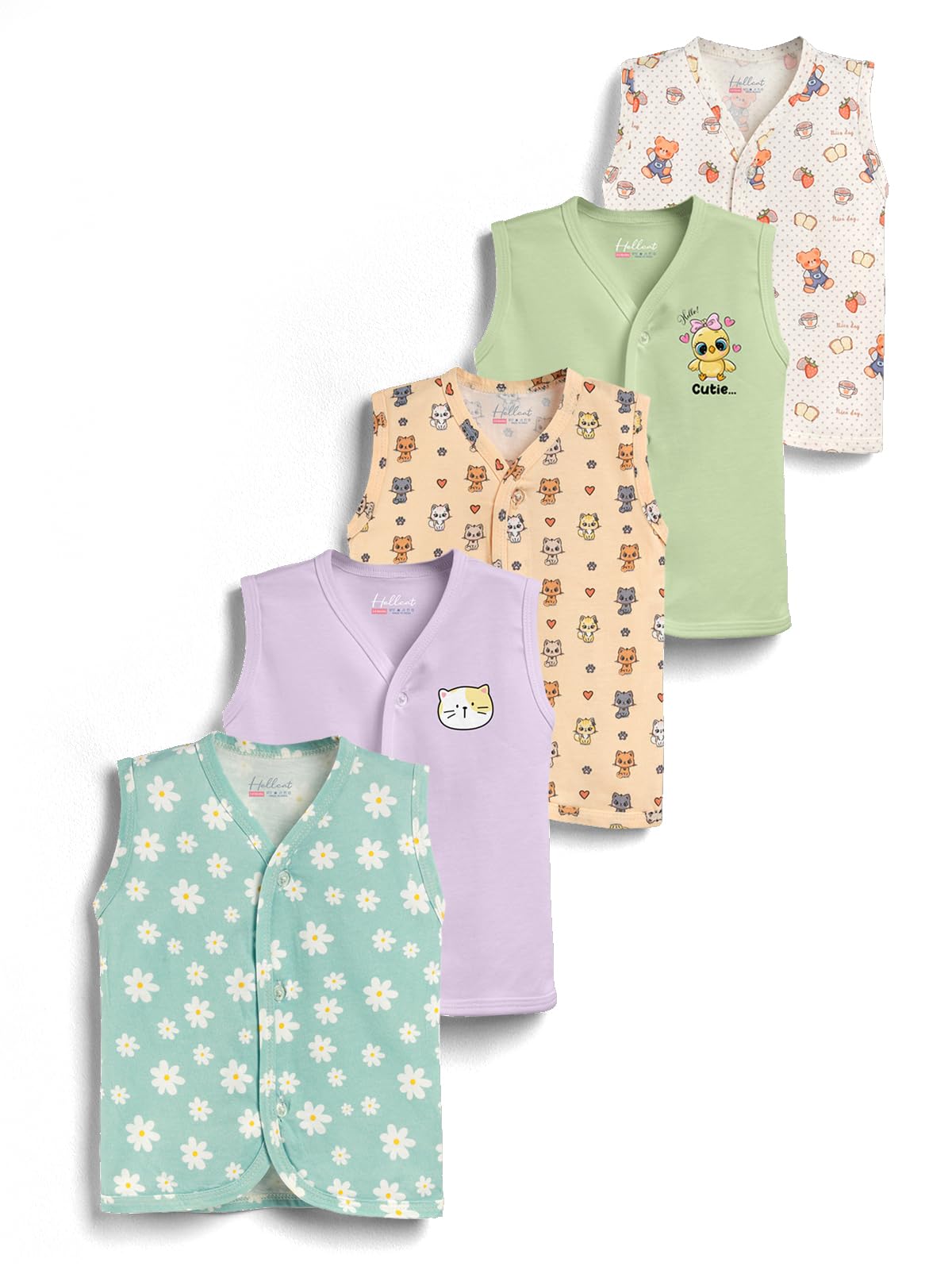 hellcat 100% Cotton Front Open Jhabla Vest & T Shirt for Babies - Pack of 5 (Unisex, 0-18 Months, Sleeveless)-picture-12