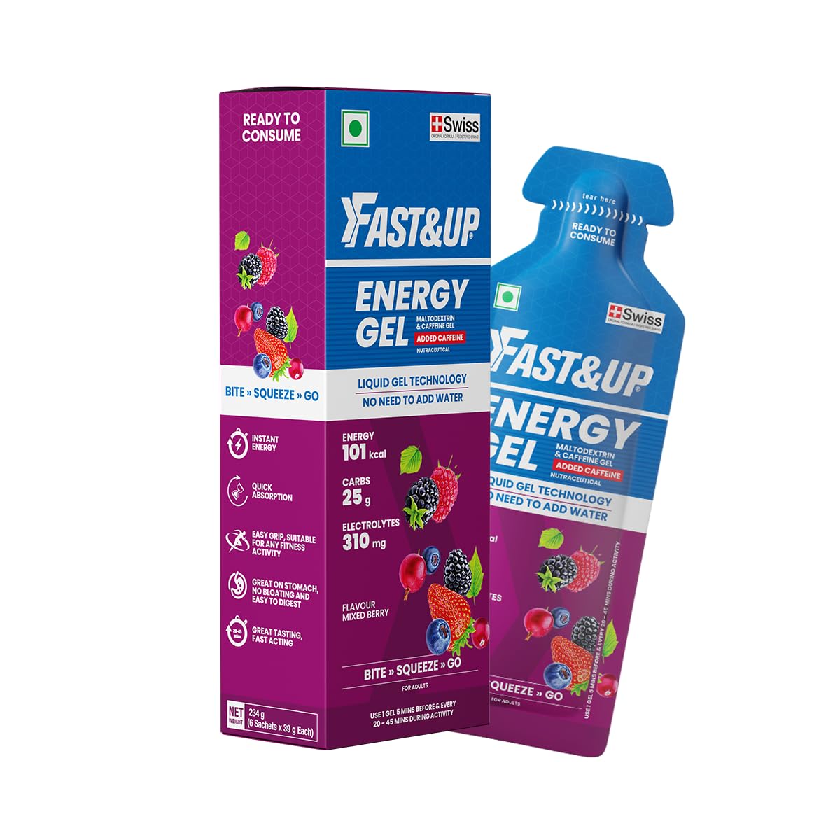 Energy Gel- Mixed Berry flavour (Caffeinated) - Pack of 6 Gel Sachets, 39g per sachet- For Instant energy boost, Improved endurance and performance