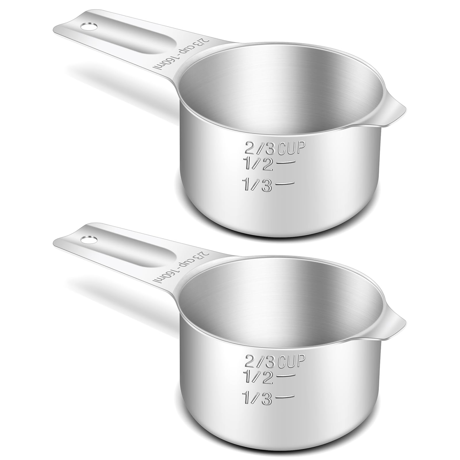 BERYLER 2PCS 2/3Cup (160ml, 5.3oz) Single Measuring Cup, Stainless Steel Measure Scoop, Metric and US Measurement, Heavy Duty, Dishwasher Safe — image 1