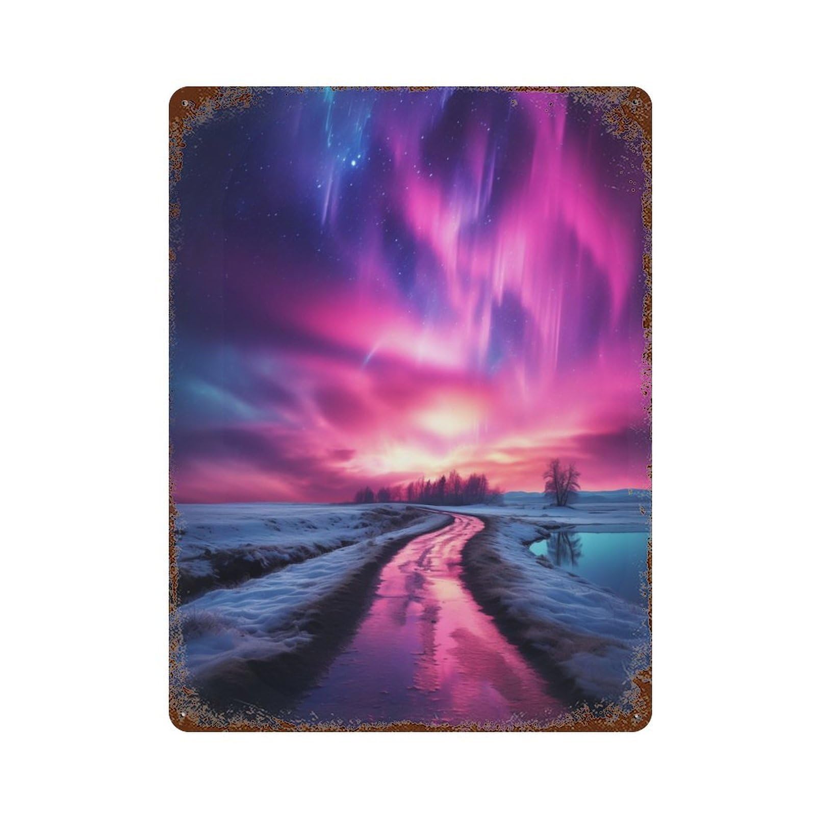 Vintage Rust Metal Sign Aurora Borealis And Road 15.7"x11.8", Shabby Chic Decor for Cafe, Home Bar And Lounge Decor