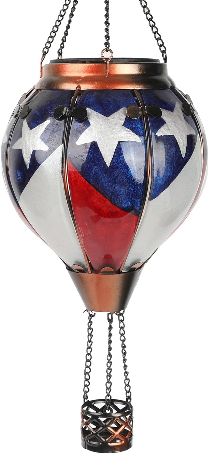Hot Air Balloon Solar Lantern with Flickering Flame Light - 18" Hanging Glass & Metal Outdoor Light Auto On/Off | Waterproof Garden Lantern for Tree, Yard, Patio Decor, Toucan