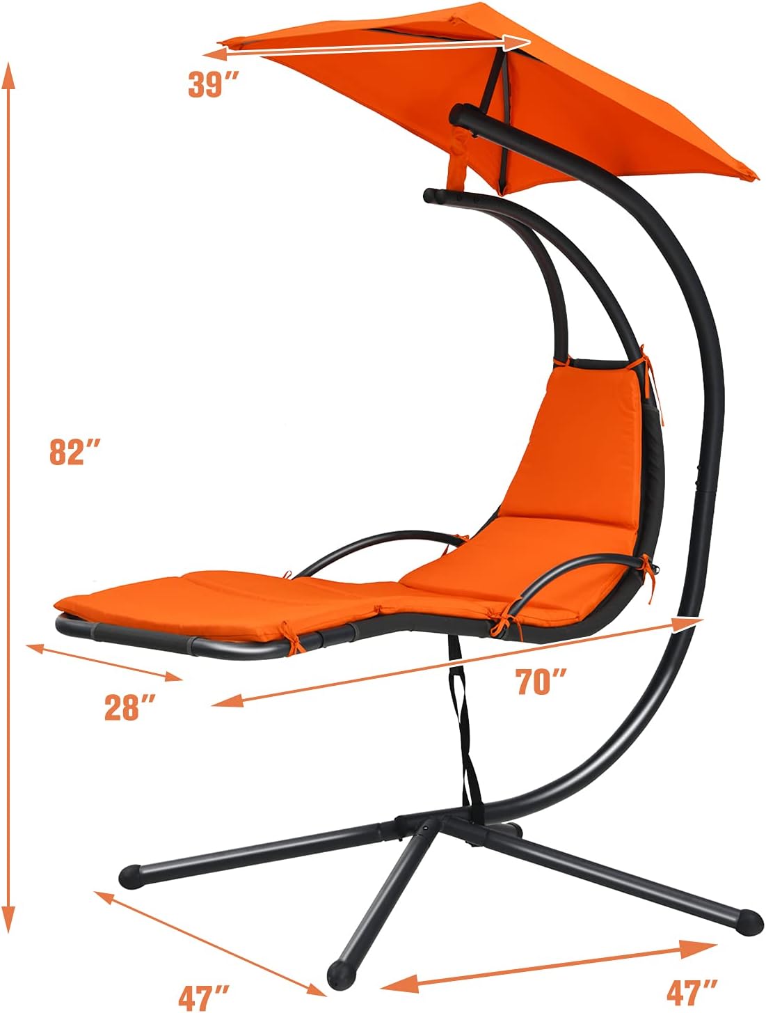 Giantex Outdoor Hanging Chaise Lounge Chair, Patio Hammock Chair with Removable Canopy, Cushion & Anti-toppling Rope, Hanging Arc Chaise Hammock for Patio Poolside Backyard Garden Porch (Orange)