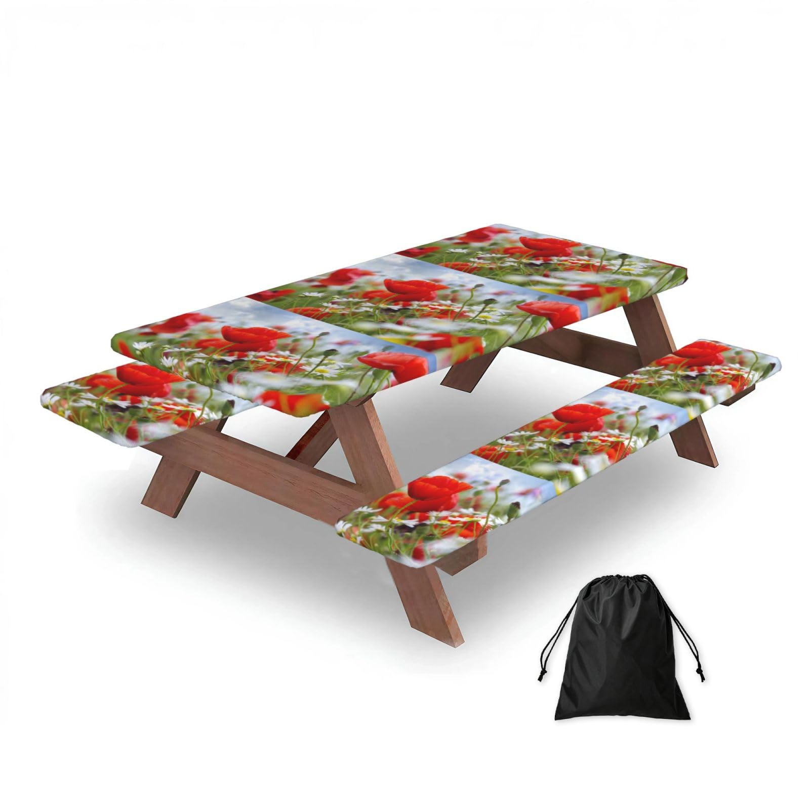 Meadow And Daisy Flowers, Picnic Table Cover With Bench Covers -Waterproof Elastic Fitted Tablecloth for Garden Camping Patio 76x152cm