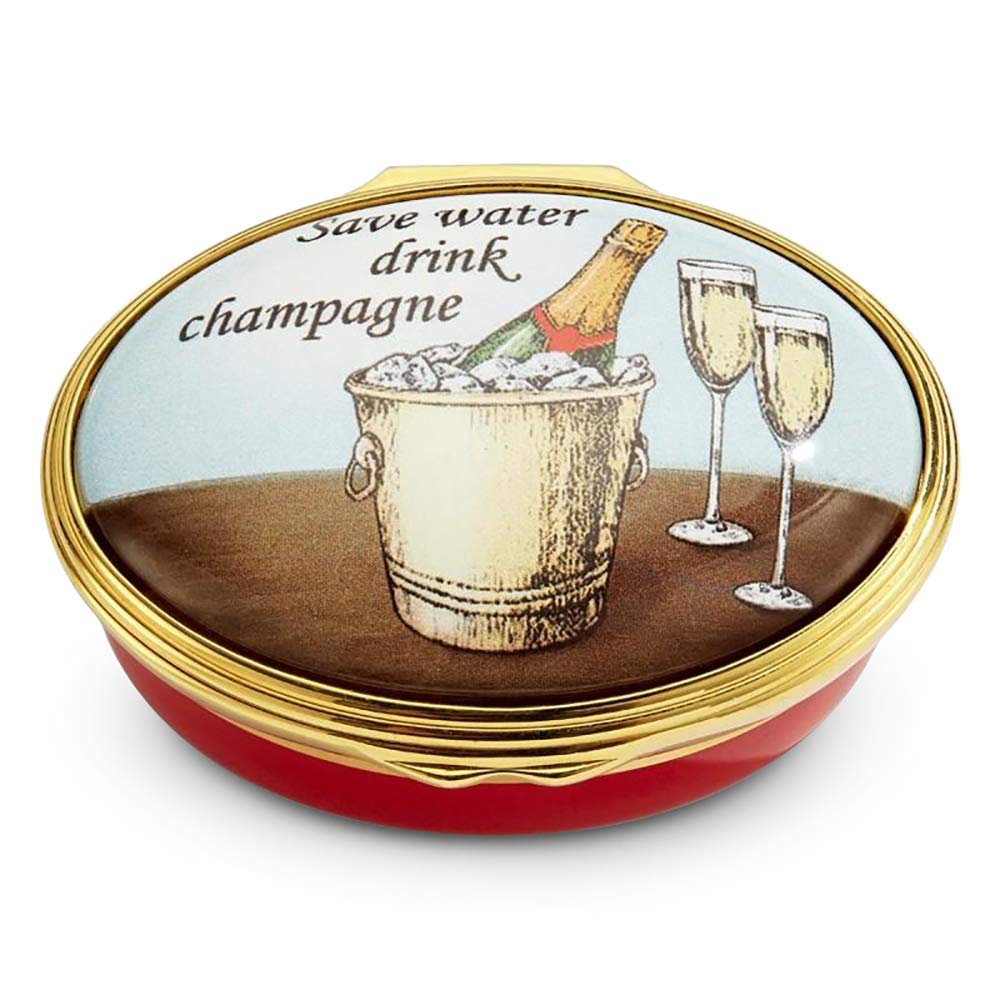 Halcyon Days, ''Save Water, Drink Champagne Hinged Enamel Box, in Halcyon Gift Box