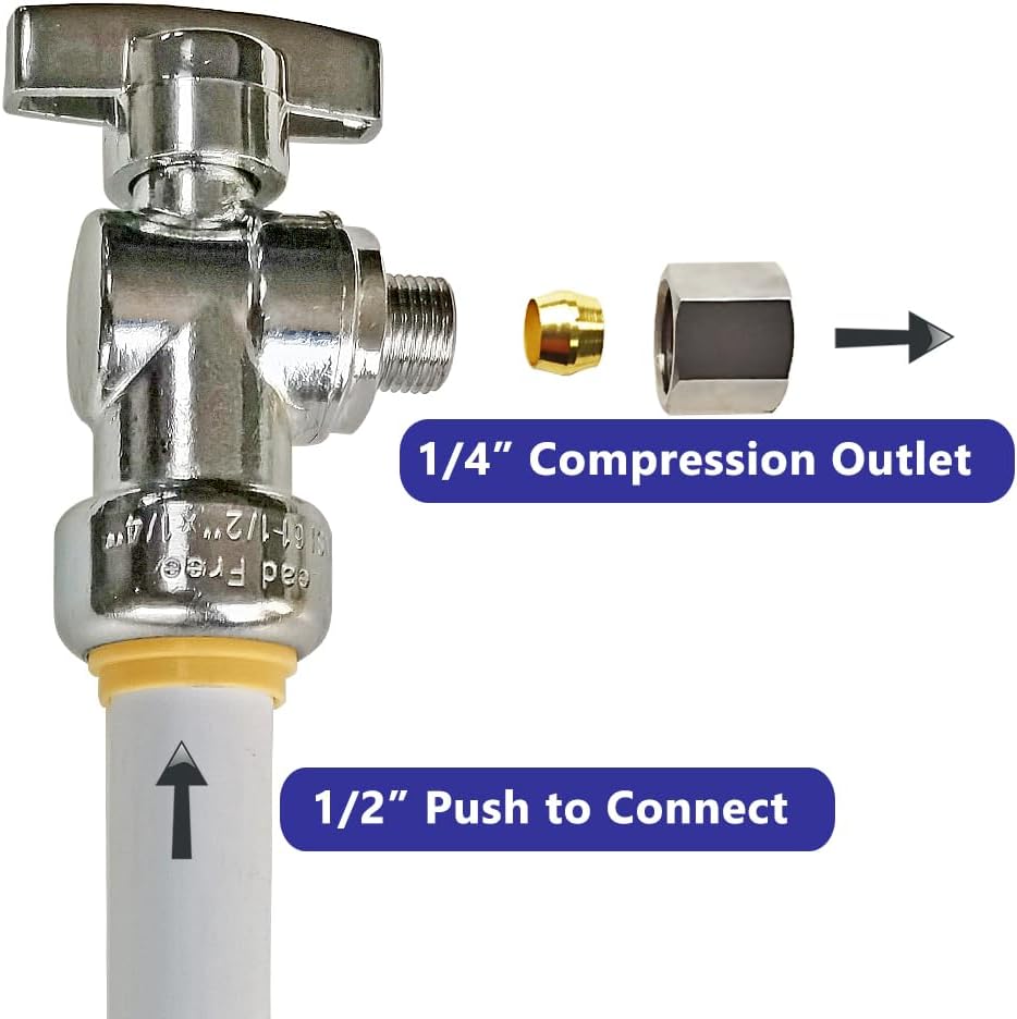 HQMPC Angle Stop Valve, 1/2" Ptc x 1/4" No Lead Compression Push Fit Angle Shut Off Water Valve with Disconnect Clip, Push-to-Connect, PEX, Copper, CPVC 2Pcs …