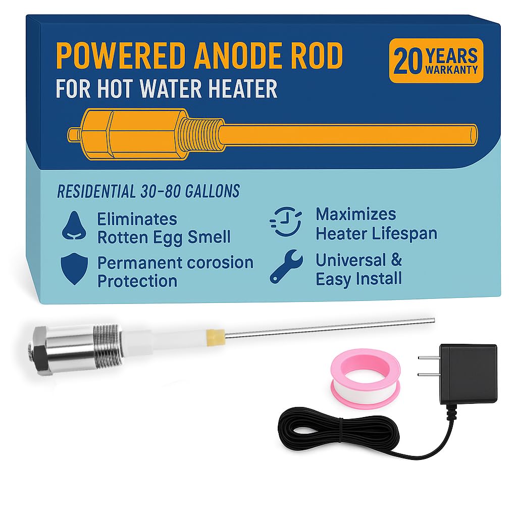 Podoy Powered Anode Rod for Hot Water Heater, Stops Corrosion and Eliminates Rotten Egg Smell for 30-80 Gallon Water Tank Except Bradford White, Titanium Electric Anode Rod Replacement Universal 9.4"