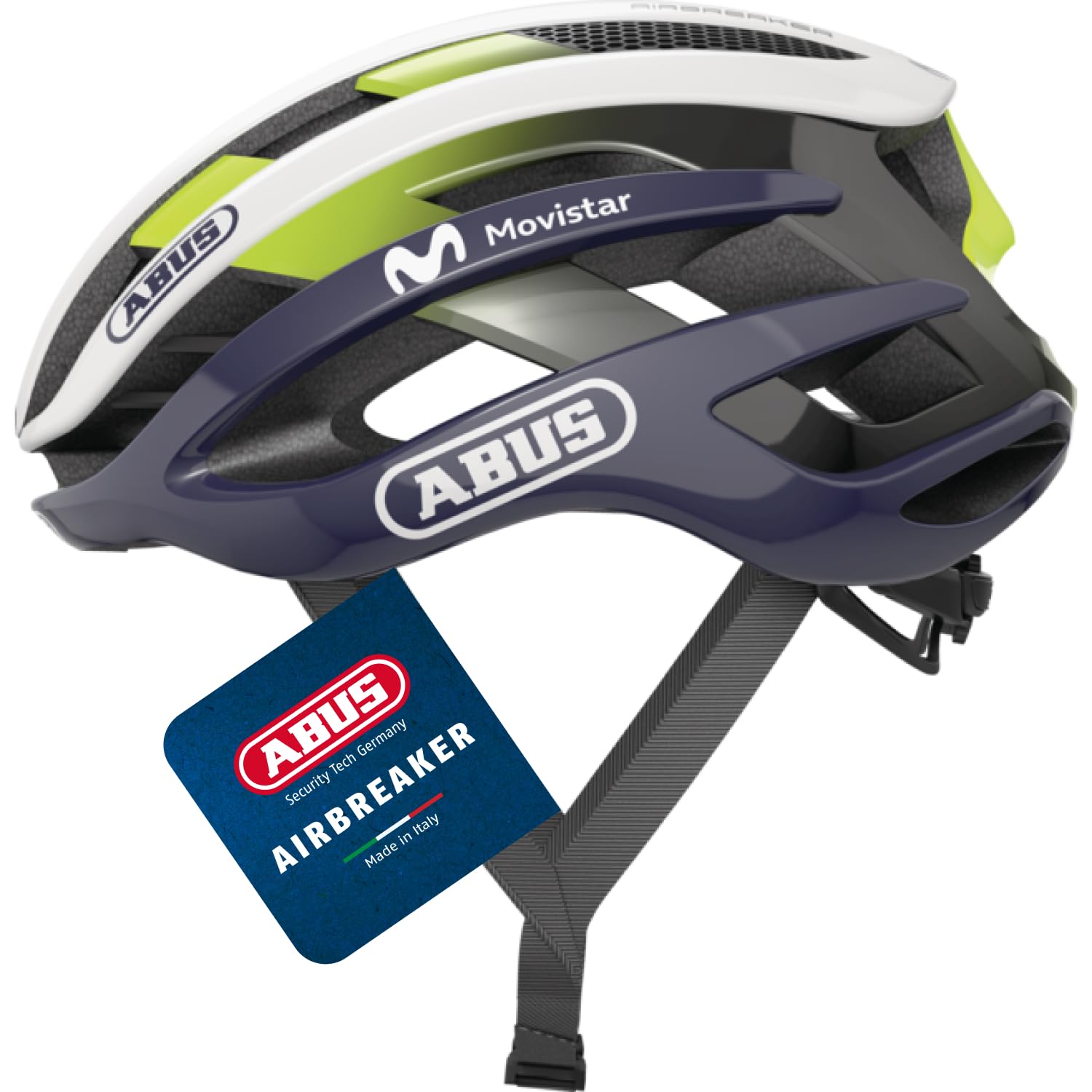 ABUS Rennradhelm AirBreaker - High-End Fahrradhelm für den professionellen Radsport - für Jugendliche und Erwachsene - Helm für Damen und Herren - Weiß/Blau (Movistar Team 2022), Größe S