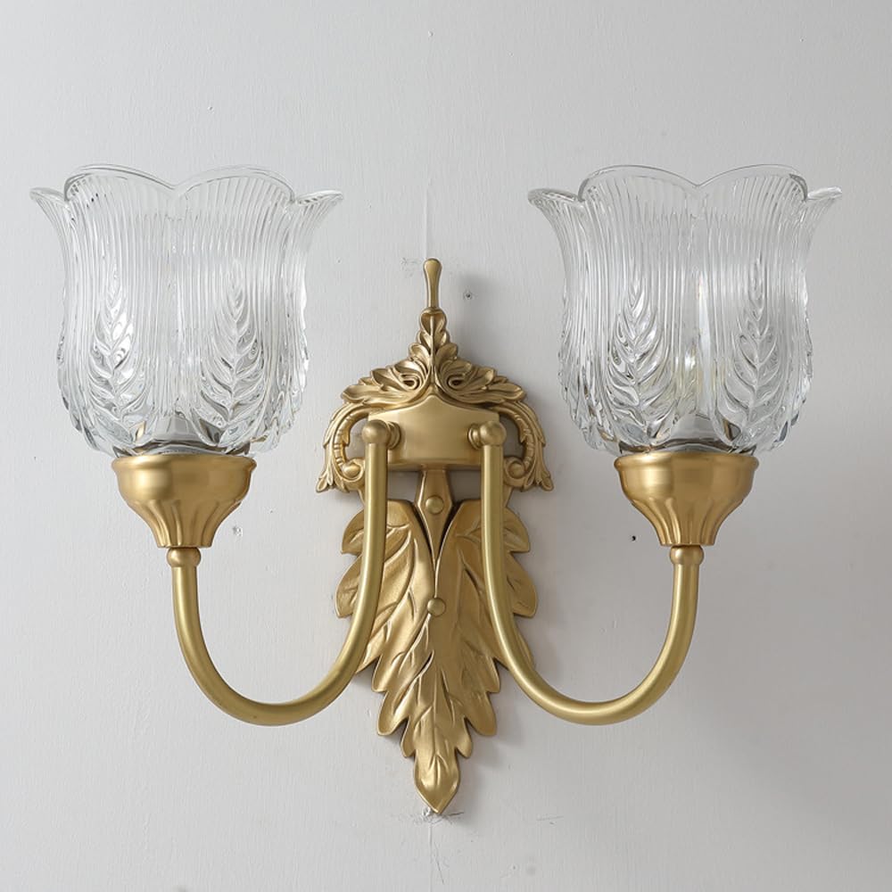 Applique da Parete Moderna in Ottone, Lampada da Parete Floreale retrò, Lampada da Parete Rustica Vintage in Rame con Paralume in Vetro Trasparente Goffrato, apparecchio di Illuminazione per la c