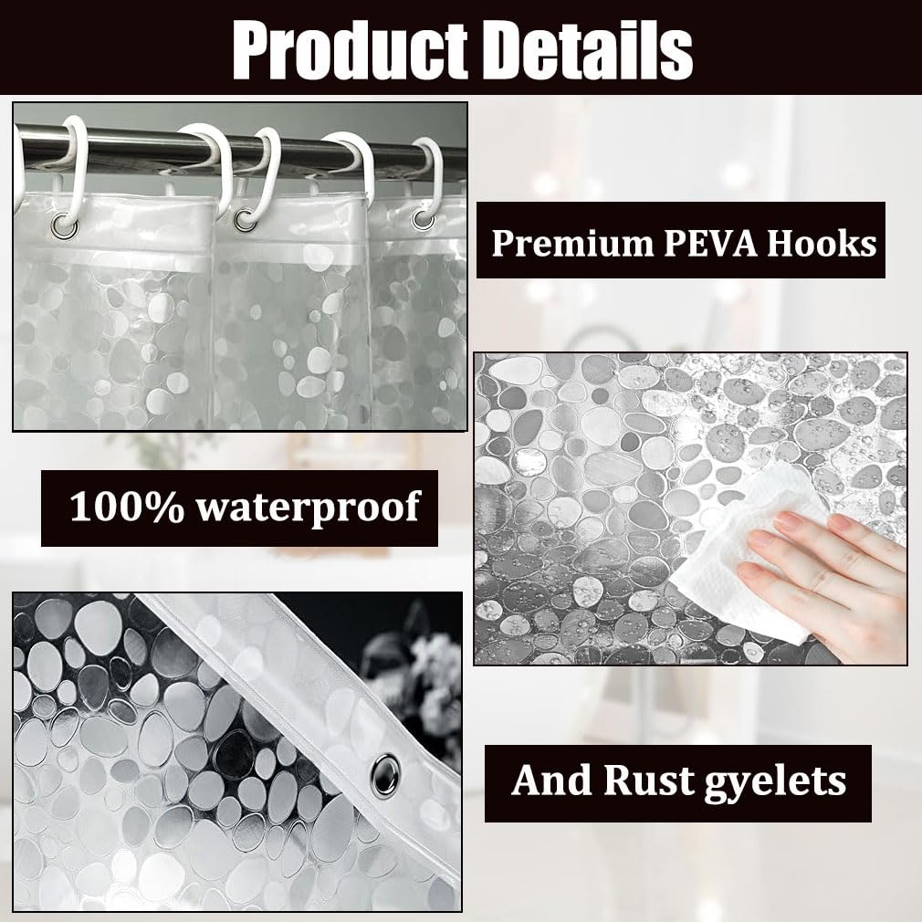 Shower Curtains Mould Proof Resistant,180 x 200 cm,Shower Curtain for Bathroom,Waterproof Heavy Duty Bathroom Curtains,PEVA Cobblestone Shower Curtain with 12 Hooks,Washable,Mildew Resistant,3D Effect - Image 3