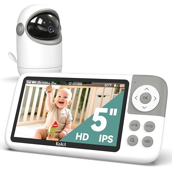 kokit 5'' Video Baby Monitor with Camera and Audio,36-Hrs Battery Life,HD Camera Remote Pan Tilt 3X Zoom,Long Range Baby Monitor No WiFi,Night Vision,Portable,2-Way Talk,VOX-Saving Power IPS Screen