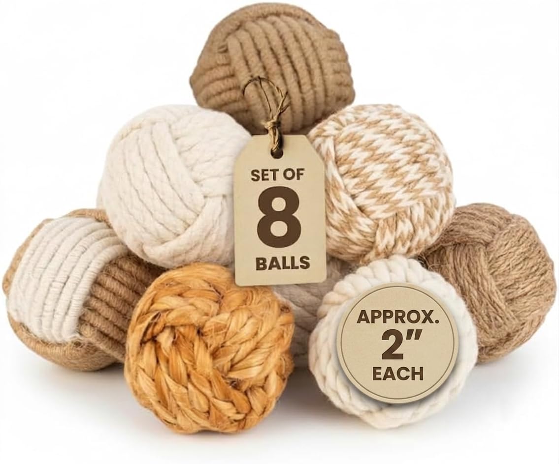 Nautical Rope Balls Decorative – Set of 8 – Handmade from Jute and Cotton – for Farmhouse Bowl Fillers, Rustic Home Accents, or Table Decor – Perfect for Coastal Styling