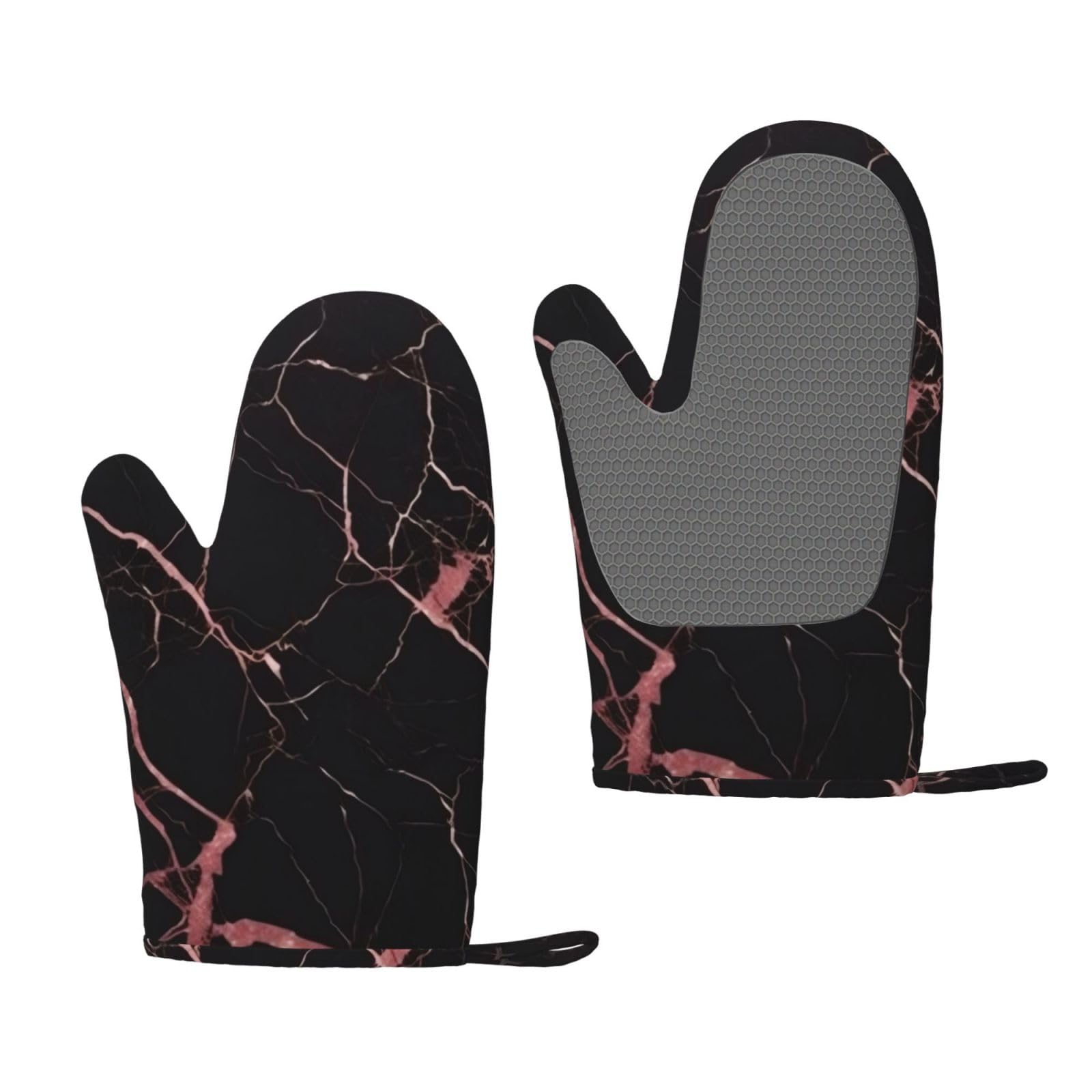 Black Rose Gold Marble Silicone Oven Gloves - Waterproof Anti-Slip Microwave Mitts, Bbq Grill Gloves For Chef Kitchen Cooking Baking