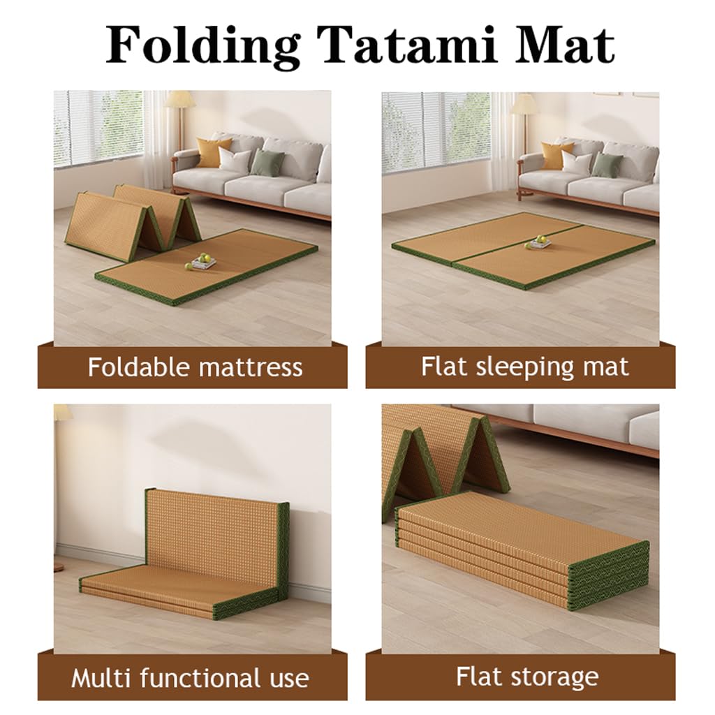 Tatami Matte Japanische Futon Matratze 100x200x3,5cm 4 Falten Klappbar Bodenmatratze Grünes Binsengras