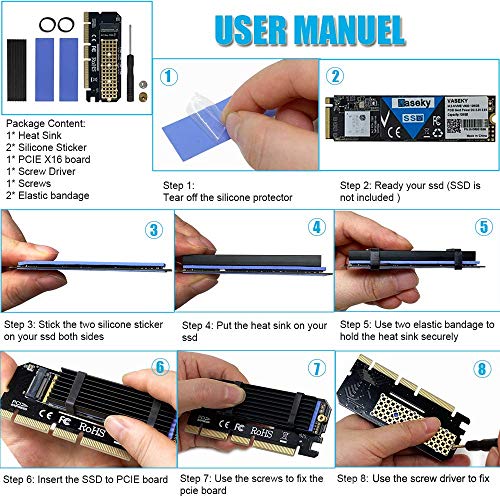 6amLifestyle M2 NVME PCIe Adapter Adattatore per SSD x16 PCI Express 3.0 con Alluminio Dissipatore di Calore Supporto PCIe x4 x8 x16 Slot Adatta M.2 PCIe Nvme M Key SSD 2230 2242 2260 2260 2280