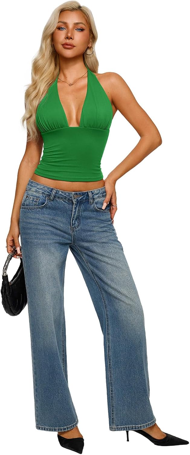 REORIA Women's Plunge Neck Backless Shirts Double Lined Going Out Halter Tank Tops Cute Summer Sleeveless Crop Tops - Image 3