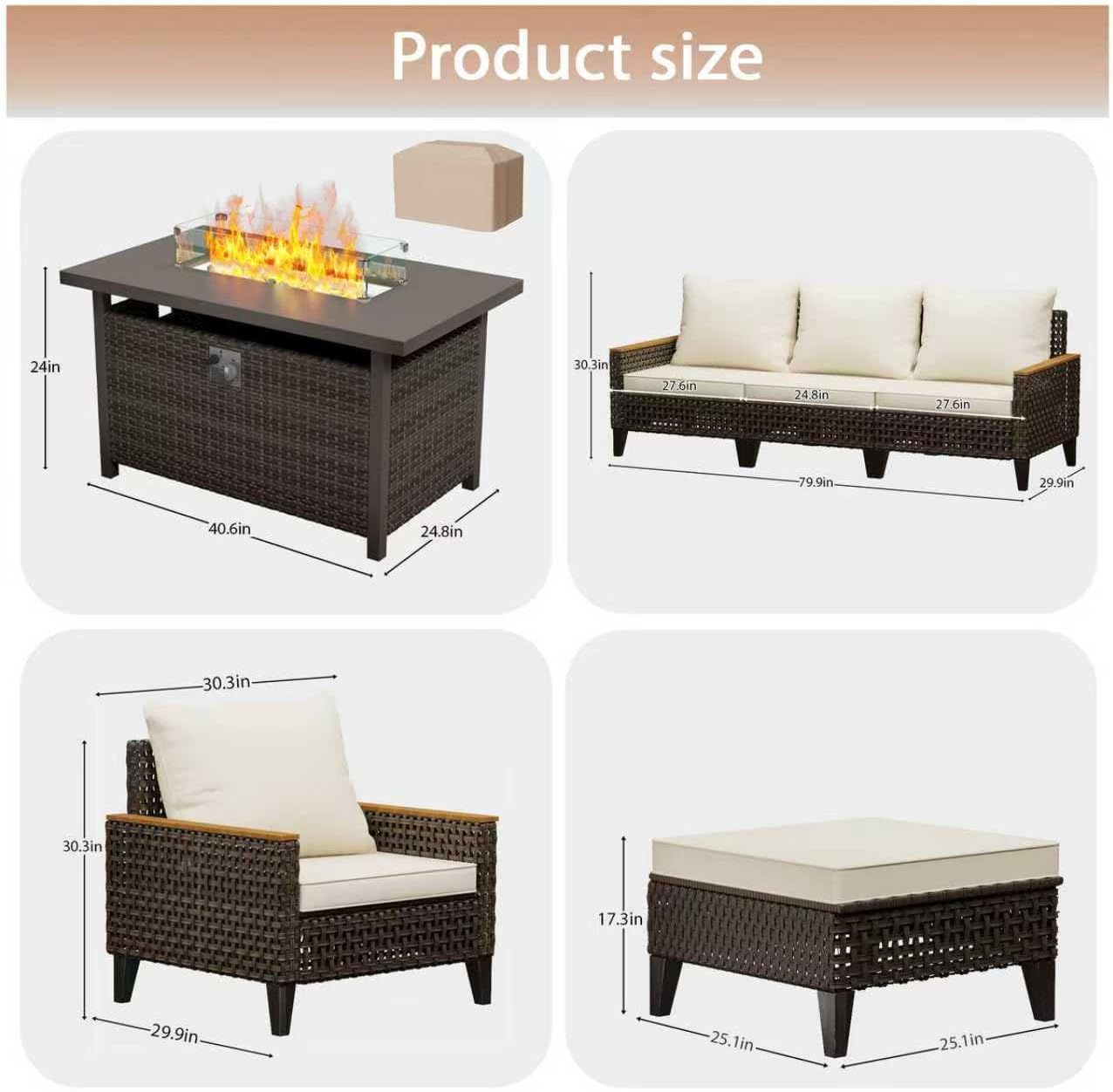 8 Piece Patio Sectional Sofa Set with 50000 BTU Fire Pit Table, All-Weather Wicker Rattan Outdoor Conversation Set, High Back, for Garden, Porch, Poolside, Beige