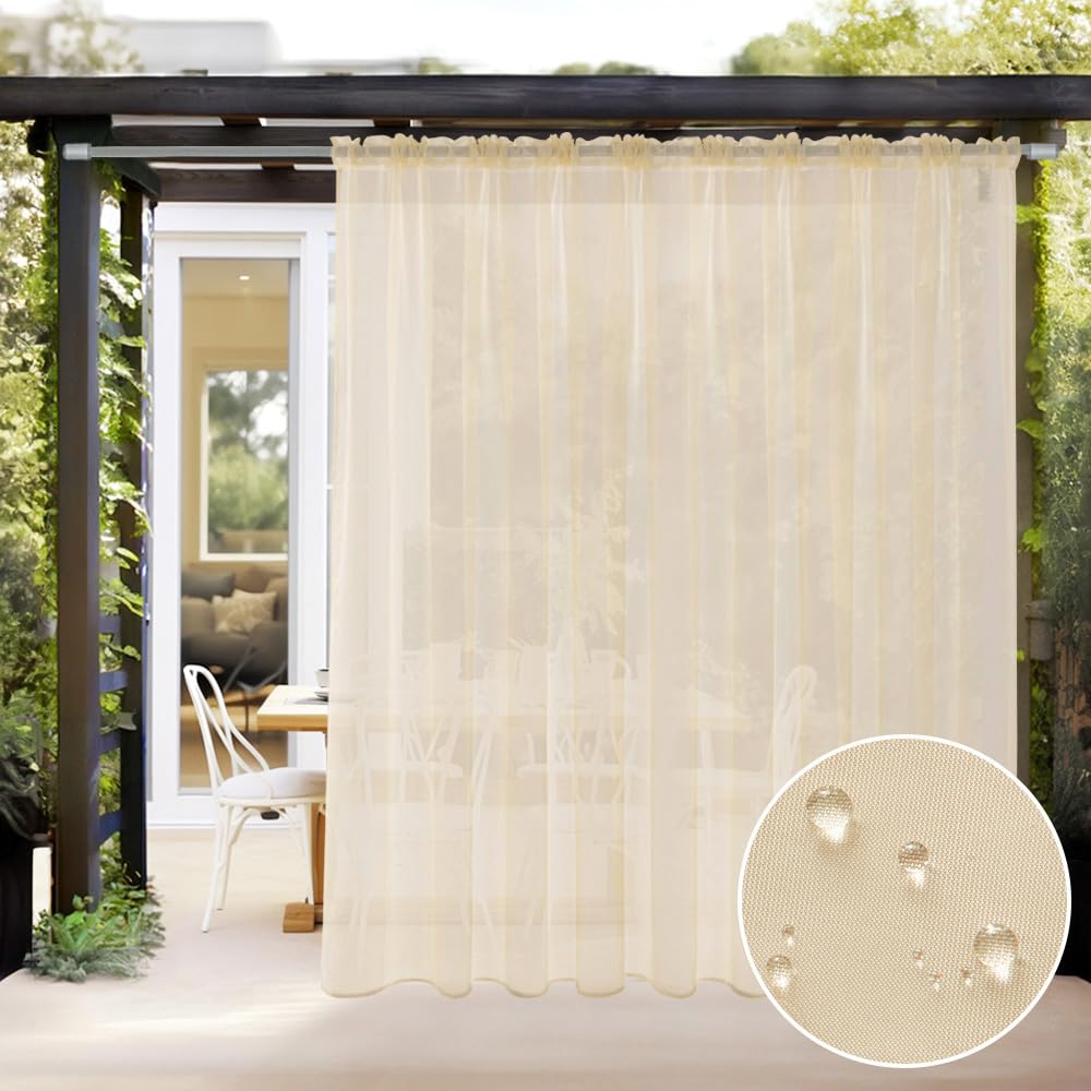 MIULEE 2 Panels Cream Beige Outdoor Curtains for Patio Waterproof Extra Wide, Rod Pocket Privacy Voile for Patio, Porch, Pergola, W100 Inch by L84