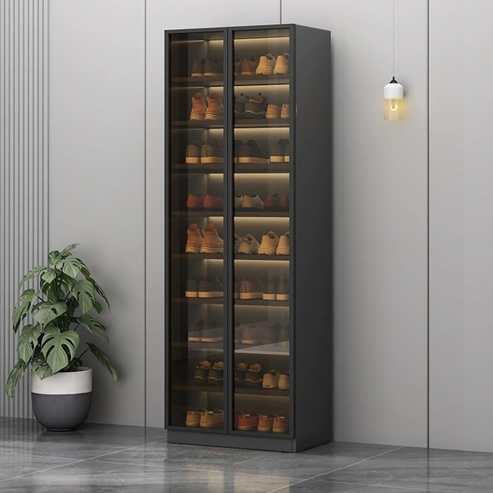 Armadietto per Scarpe con Ante in Vetro, Scaffale per Scarpe 6 Ripiani, Organizzatore per Ingresso con Ripiani Regolabili, Scarpiera Ingresso Nera per Corridoio E Garage(24Lx71H in/61X180cm)