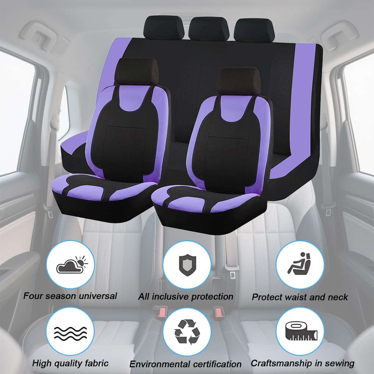Osilly Car Seat Cover Full Set, Breathable Soft Vehicle Front and Rear Split Bench Protector, Comfortable Auto Interior Seat Protection Cover, Universal for Truck SUV Van Sedan (Pupele/Black)