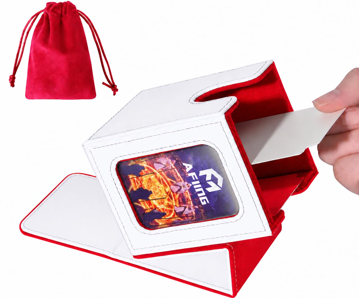 AFIING MTG Deck Box for Commander Display,Card Deck Box Fits 100 Double Sleeved Cards, Magic Commander TCG Card Storage Box with 2 Dividers,Drawstring Bag and 1 Toploader White red