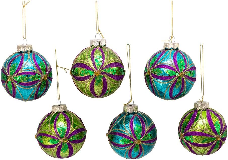 Kurt Adler 80MM Green, Blue, Gold and Purple Glass Ball Ornaments, 6 Piece Box