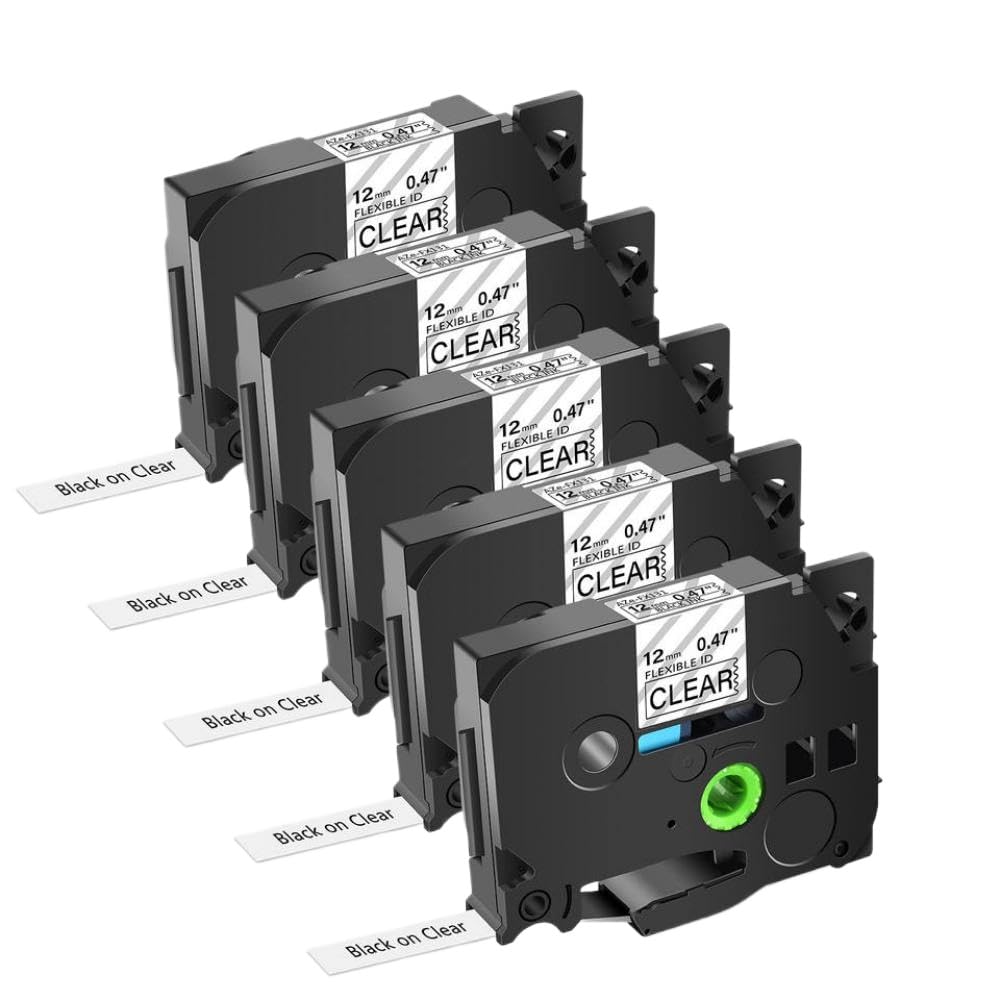 Nastro per etichette laminato ID flessibile 12 mm nero su trasparente compatibile con Tze-FX 131 e PT-1000
