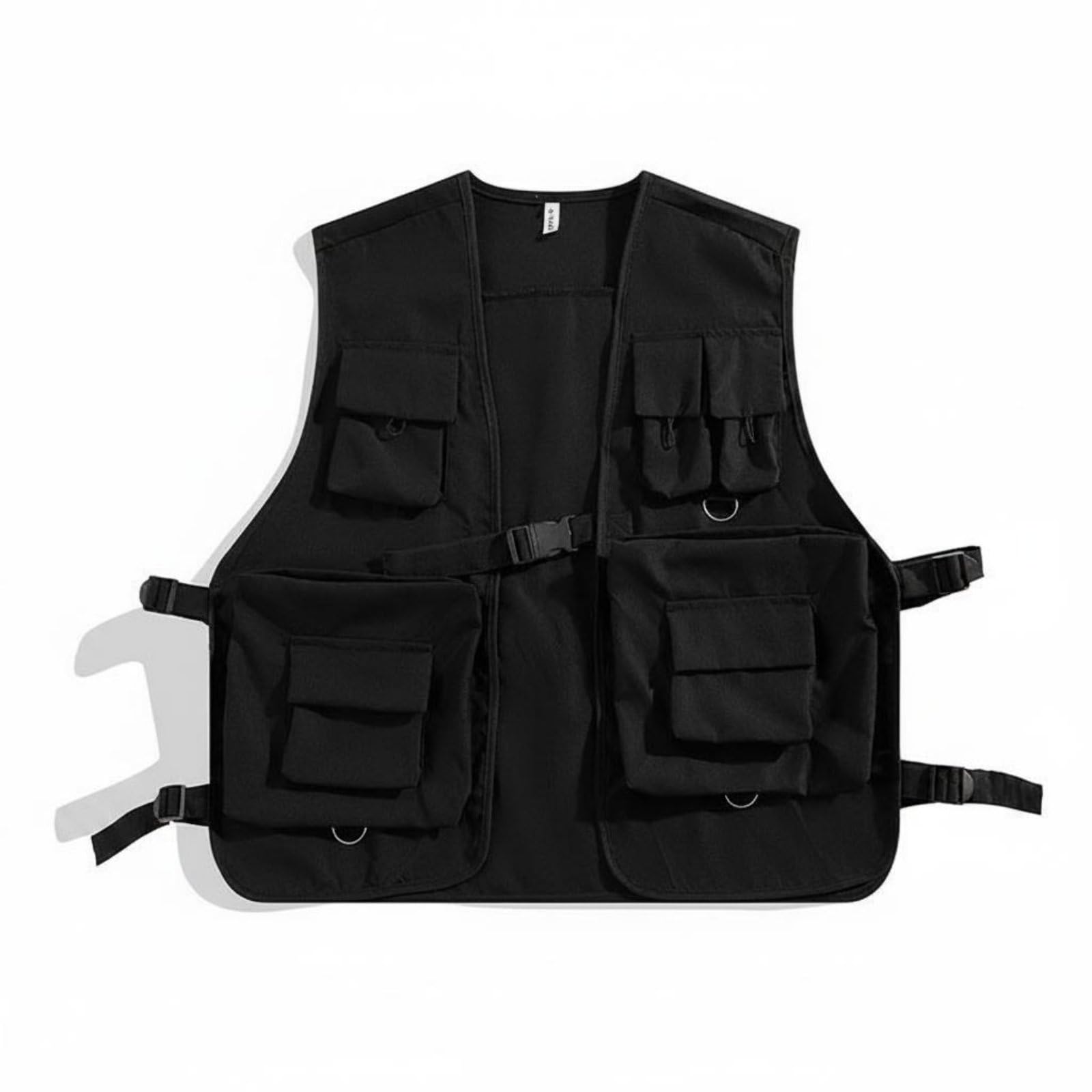Black Cargo Vest Streetwear Look Multi-Pocket Vest Long-Lasting Utility Sleeveless Jacket for Men, Women, Outdoor, Black, L|Parts & Accessories|Apparel & Merchandise|Motorcycle Street Gear-image-49